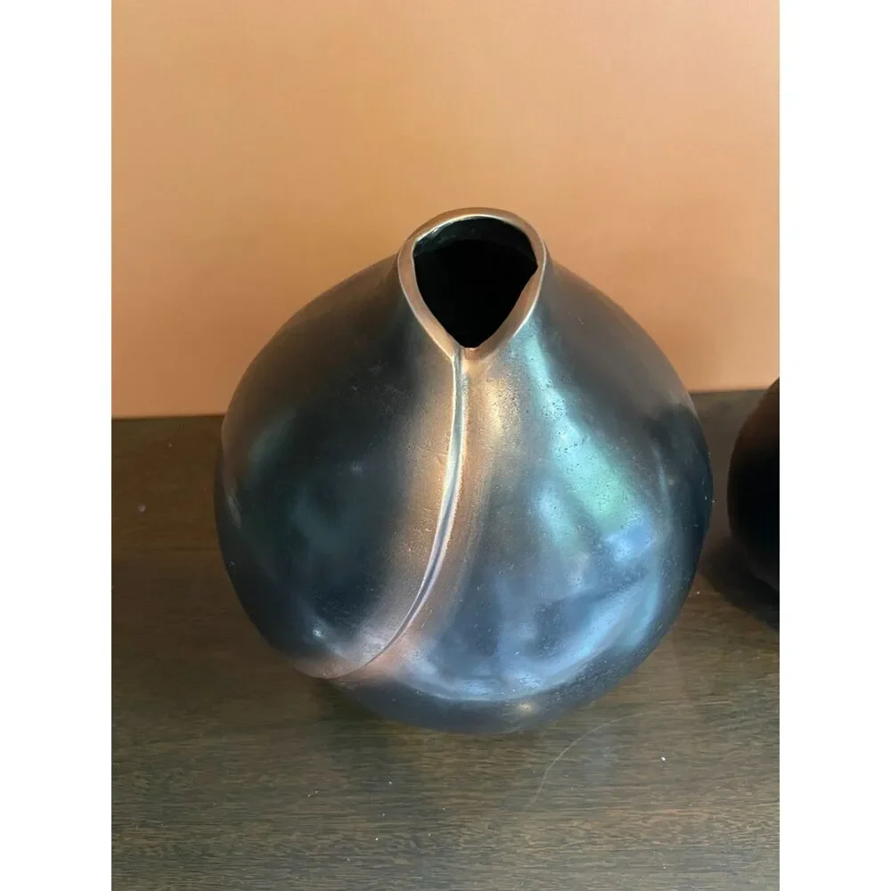 Handcrafted Metal Vase 2 | Black Sculptural Round Vases | Modern Home Decor